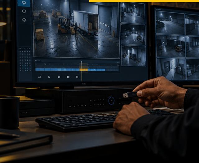 Technician reviewing CCTV footage across several monitors